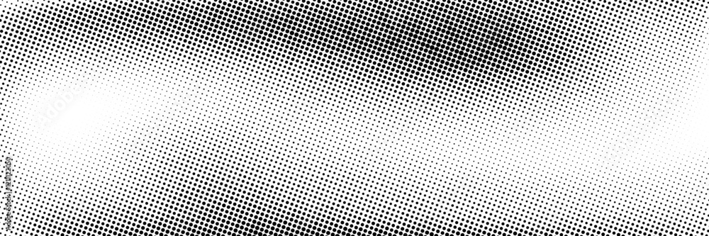 Aufkleber Faded halftone gradient background. Retro pixel bitmap backdrop. Grunge rasterized gritty noise texture. Black and white dotted sand grain wallpaper. Vector aged anime or manga comic overlay