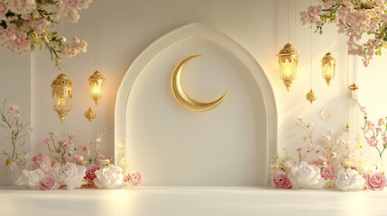 Elegant Ramadan background with crescent moon, lanterns, and flowers.