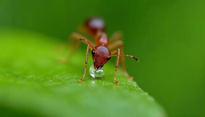 Red Ant Drinking Water Droplet on Green Leaf Macro Photography