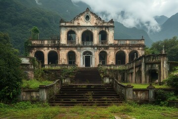 Obraz premium Ruined mansion, mountain backdrop, overgrown steps