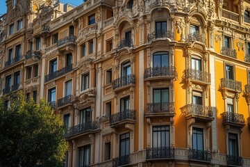 Obraz premium Sunlit Barcelona building, ornate facade, city backdrop
