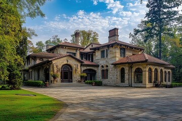 Fototapeta premium Stone mansion, sunny day, estate, trees