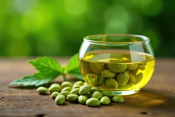 Glass container with oil extracted from castor seeds, greenery, plant extract