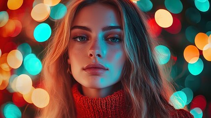 Close-up portrait of a young woman with blonde hair and blue eyes, wearing a red turtleneck sweater, against a bokeh background of colorful lights.