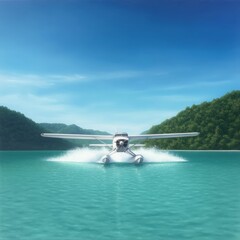 Fototapeta premium A seaplane takes off from a calm, turquoise lake surrounded by lush green hills under a clear blue sky.