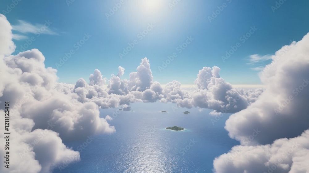 Poster a serene sky with fluffy clouds above a calm ocean, illuminated by sunlight, creating a tranquil and