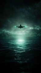Naklejka premium A mysterious spacecraft hovers above dark, shimmering waters under a starry night sky, emitting an eerie green glow.