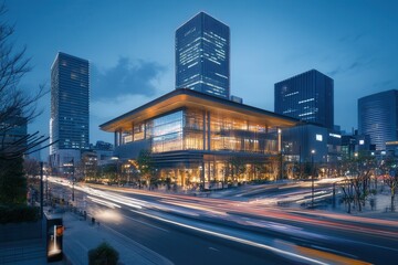 Obraz premium Tokyo dusk modern building, city street, traffic blur