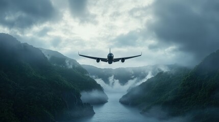 A dramatic scene of an airplane flying low over a misty river, surrounded by lush mountains and cloudy skies.