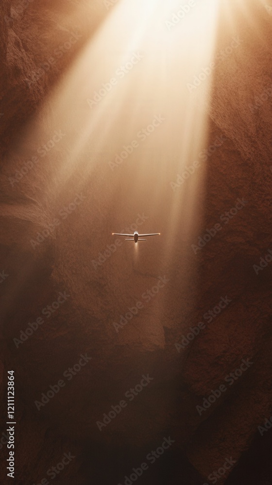 Poster a serene scene depicting a figure illuminated by soft rays of light in a cavernous space, evoking a 