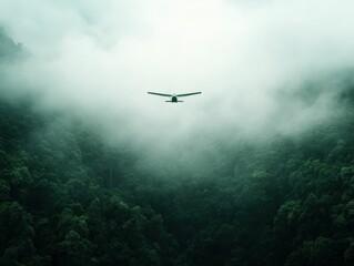 Fototapeta premium A solitary aircraft glides effortlessly through a misty, green landscape, surrounded by dense trees and ethereal fog.
