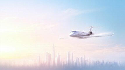 Fototapeta na wymiar A sleek airplane flies above a soft, pastel skyline, evoking feelings of travel and adventure against a serene background.