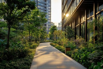 Urban park path sunset, city buildings
