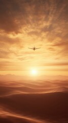 Fototapeta premium A serene sunset view with an airplane flying through colorful clouds, creating a tranquil atmosphere above rolling hills.