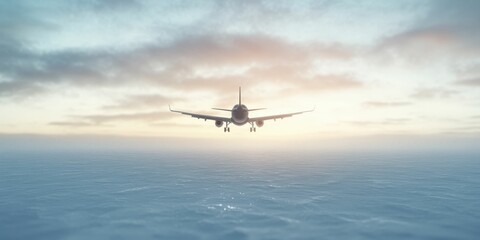A serene image of an airplane flying above the ocean at sunset, highlighting the beauty of travel and the vastness of the sky.