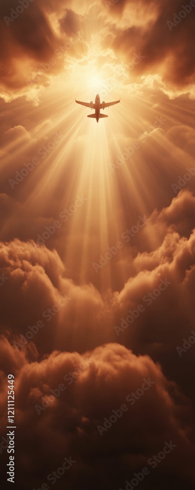 Poster a plane ascends through golden rays of light, emerging from fluffy clouds, creating a serene and upl