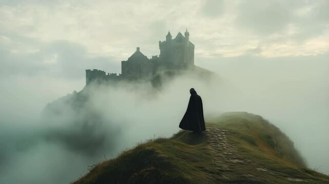 Mysterious figure approaches misty castle on cliff edge with dramatic ambience