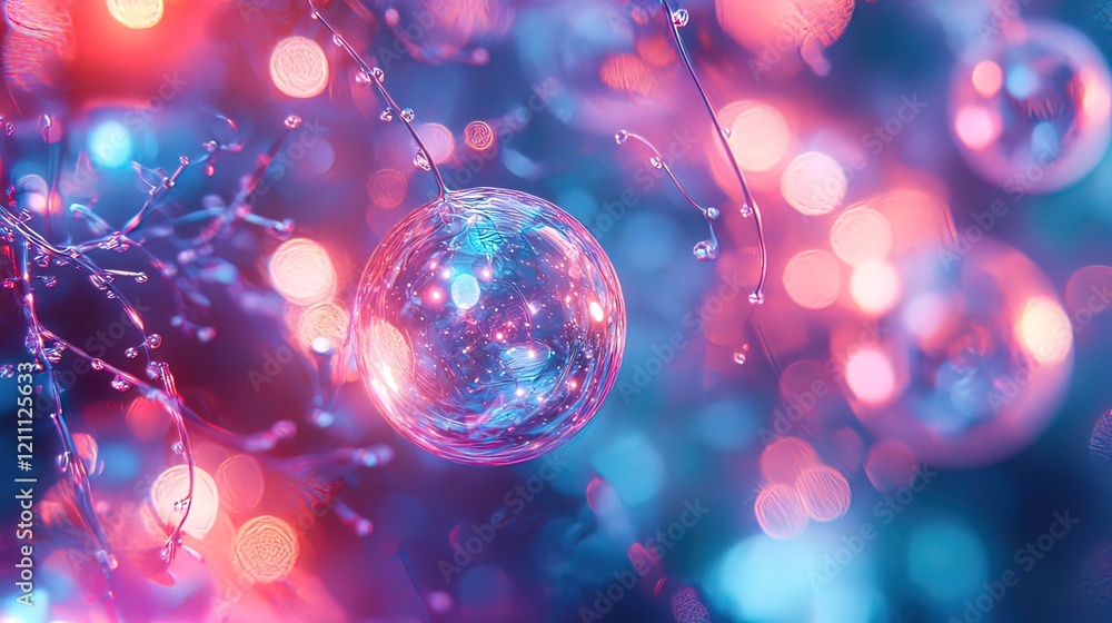 Poster glowing sphere hangs from branches with bokeh lights.