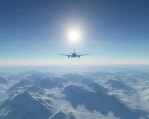 Fototapeta na wymiar A plane soars above snow-capped mountains under a bright sun, showcasing the beauty of high-altitude travel and nature.