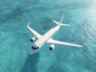 Naklejka premium A sleek airplane soars above vibrant turquoise waters, showcasing a stunning aerial view of travel and adventure.