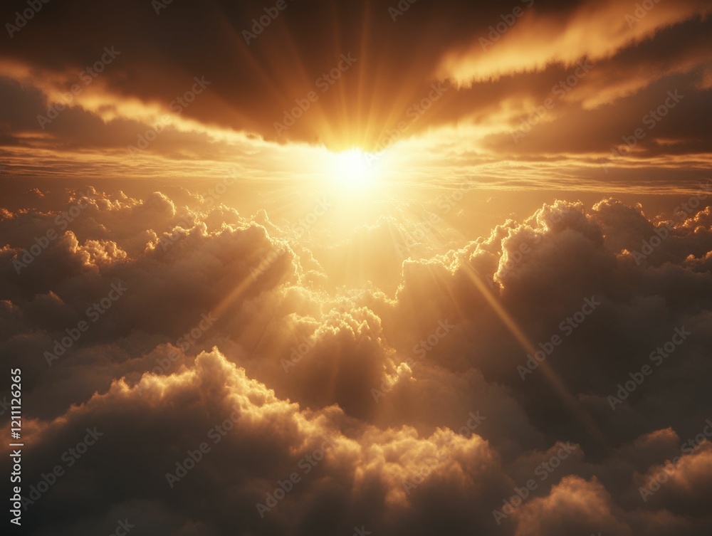 Poster a breathtaking view of sun rays breaking through clouds, illuminating the sky with a golden glow, cr