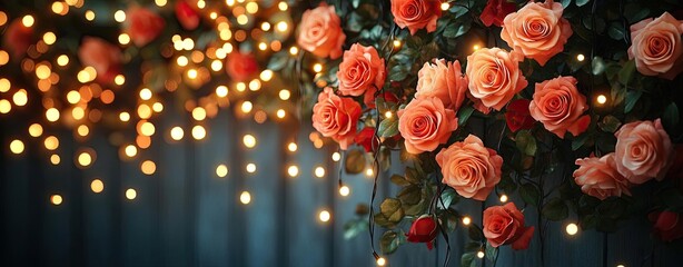 Fototapeta premium A Valentine s display with cascading fairy lights entwined with fresh roses, creating a magical and intimate mood