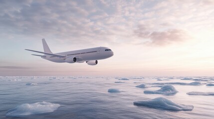 Fototapeta premium A sleek airplane soars above icy waters, surrounded by floating icebergs under a pastel sky, capturing a serene moment of flight.