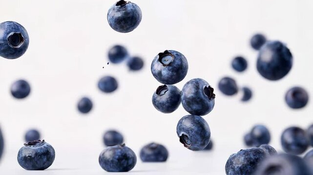 Fresh blueberries tumbling in slow motion against white background