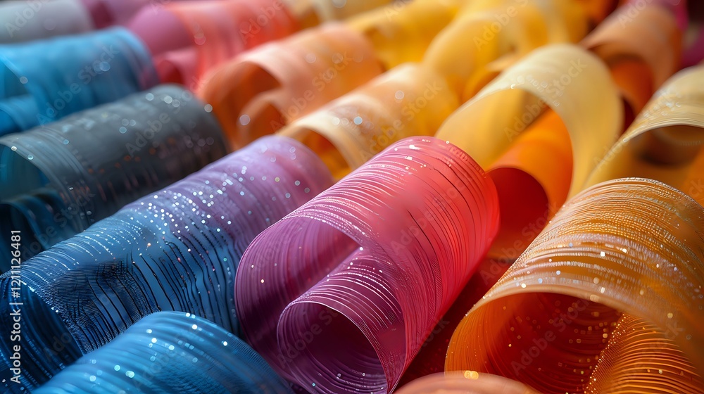 Poster colorful array of sewing thread spools arranged in diagonal rows showcasing vibrant hues from blue t