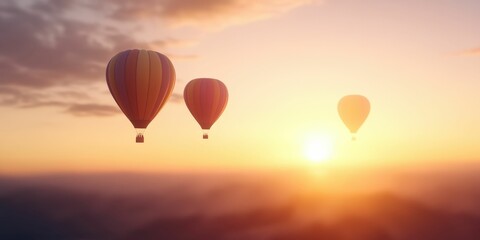 Fototapeta premium Hot air balloons float gracefully in the sky during a stunning sunset, creating a serene and picturesque scene.