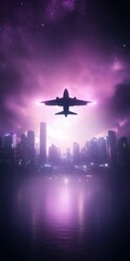 A dramatic silhouette of an aircraft flying against a vibrant purple sky over a reflective cityscape at twilight.