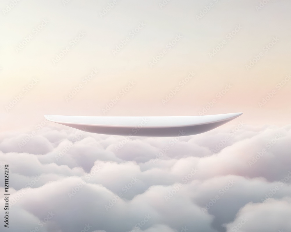 Poster a serene image of a minimalist, oval object floating above soft clouds against a pastel sky, evoking