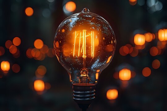 Vintage edison light bulb glowing with warm orange filament against dark background with bokeh lights, perfect for creative and innovation concepts.