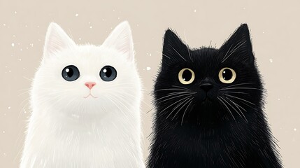 Fototapeta premium Digital abstract illustration featuring two black and white cats with cartoonish style against a neutral bright background
