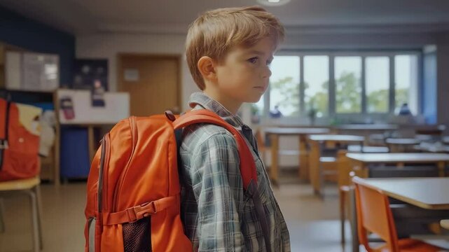 Young student entering empty classroom with backpack in morning light