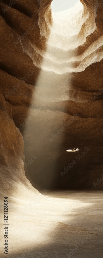 Poster a serene cave illuminated by a beam of sunlight, creating a mystical atmosphere with textured walls 