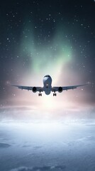 Obraz premium A plane ascends through a starry sky illuminated by vibrant auroras, creating a mystical and adventurous atmosphere.