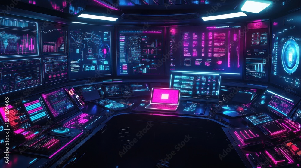 Poster futuristic tech control room: neon lights and data streams