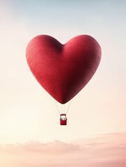 Fototapeta premium A heart-shaped hot air balloon floats in a serene sky, symbolizing love, freedom, and adventure.