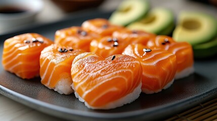 Heart-shaped salmon sushi, avocado, restaurant, close-up, food blog