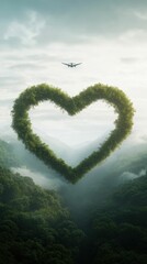 Naklejka premium A heart-shaped foliage formation hovers above a lush forest, with a plane flying in the sky, symbolizing love for nature and travel.