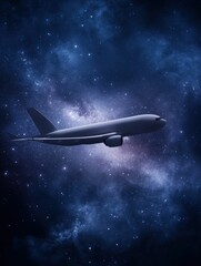 Fototapeta premium A sleek airplane glides through a cosmic scene filled with stars and nebulae, blending aviation with the wonders of space.