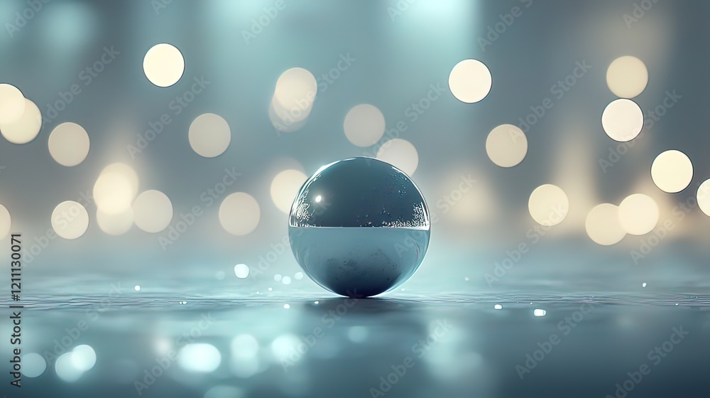Poster reflective sphere on a glossy surface with bokeh lights.