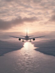 A serene sunset view with an airplane taking off over a reflective surface, creating a tranquil, inspiring atmosphere.