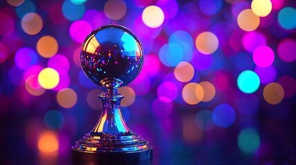 Shiny metallic award sphere on dark surface with colorful bokeh background.