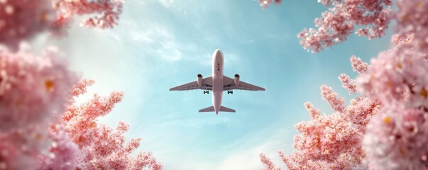 Naklejka premium A serene view of an airplane flying through a sky framed by blooming pink cherry blossoms, capturing the beauty of travel and nature.