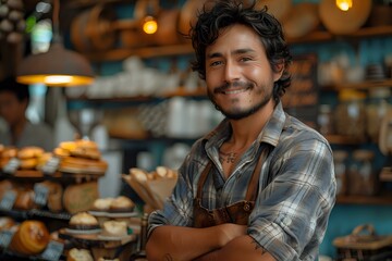 Fototapeta premium Confident small business owner wearing plaid shirt and brown leather apron smiling at bakery counter with fresh pastries and warm lighting, perfect for entrepreneurship themes.