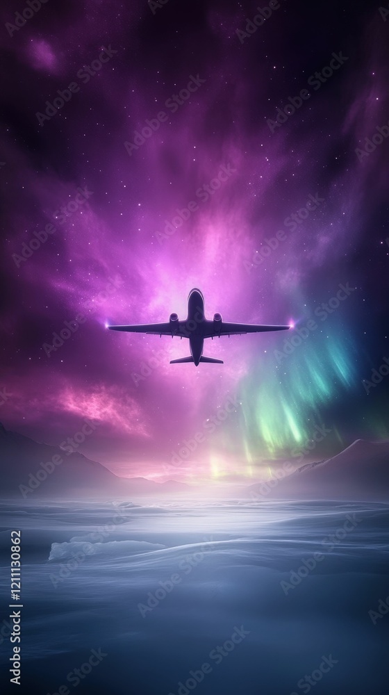 Poster a silhouette of an airplane flying through a colorful aurora in a starry sky, creating a surreal and