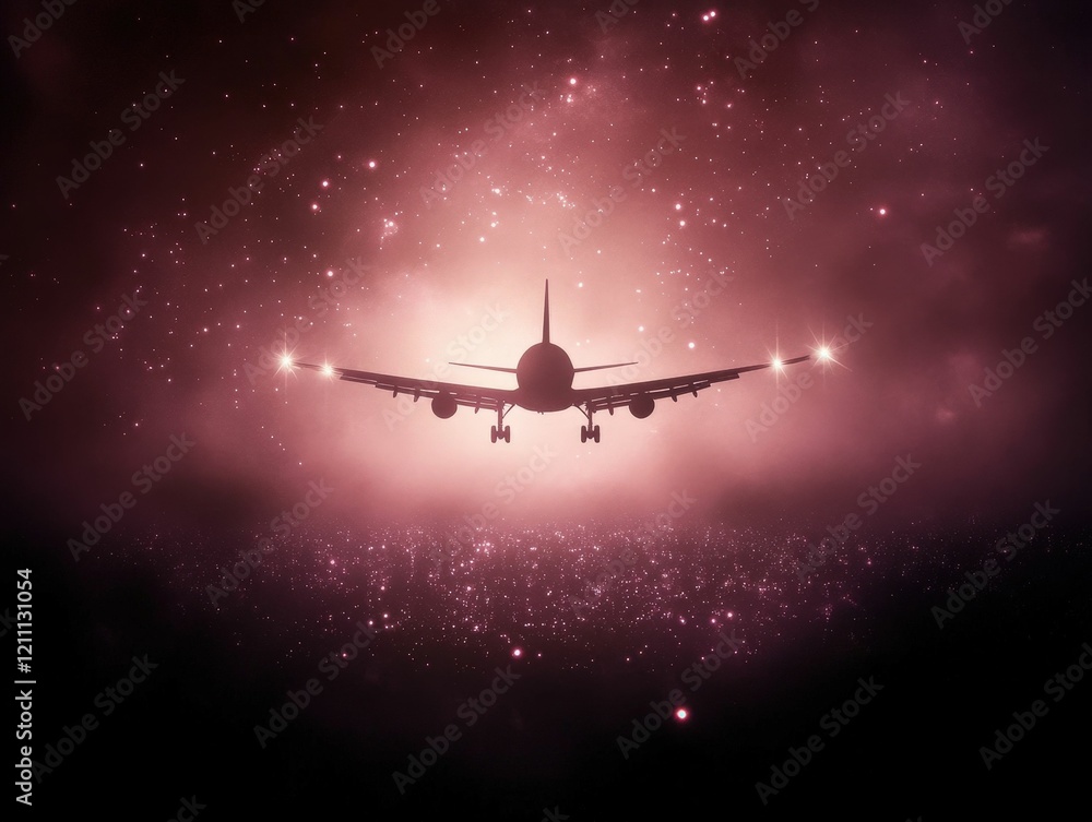 Poster a silhouette of an airplane flying towards a cosmic backdrop filled with stars and glowing particles