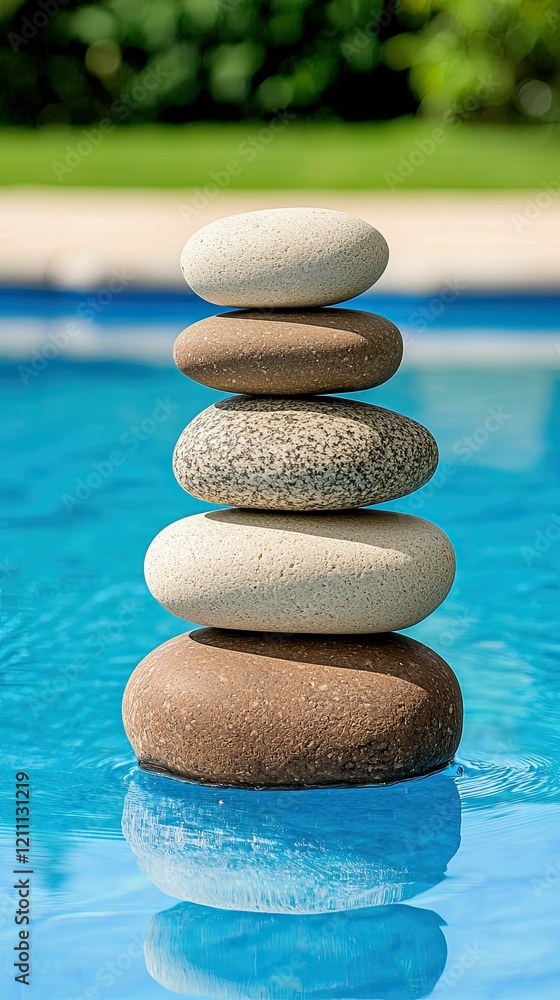 Poster a stack of five smooth stones balanced on a pool's edge, creating a tranquil and serene atmosphere.
